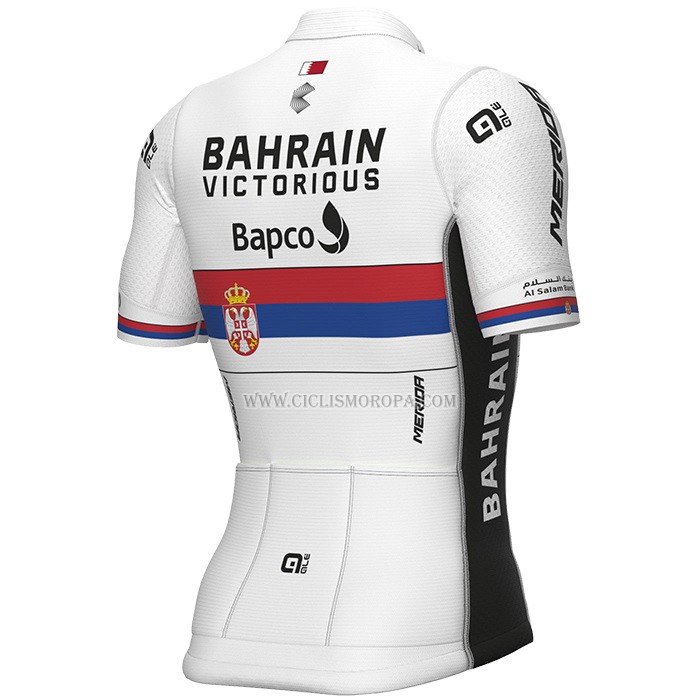 2023 Ropa Ciclismo Serbian Campeon Bahrain Victorious Blanco Rojo Azul Mangas Cortas y Culotte Corto